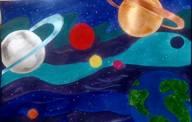 рисунок космоса и планет акварелью