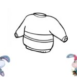 Коллаж: контурный рисунок свитера и два зайца внизу